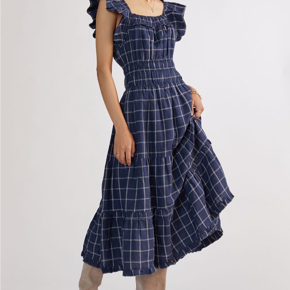 Magali Pascal Women’s Navy Plaid Smocked Midi Dress